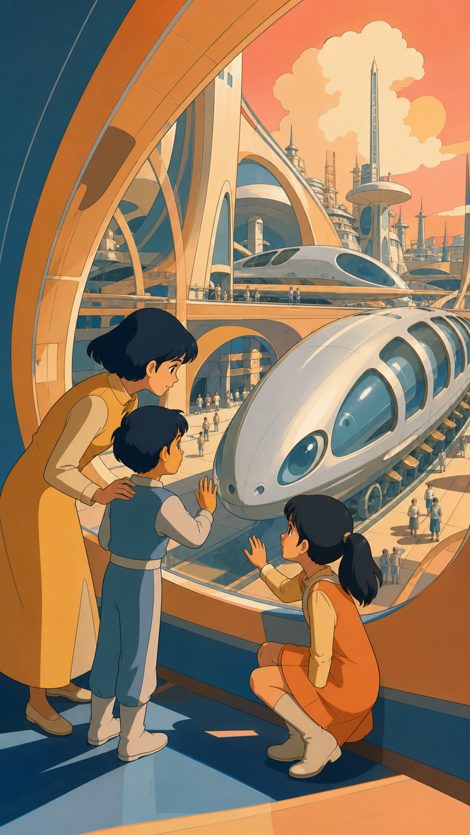 Children learning how to communicate with a neighborhood's biological transit system, during normal public life with biological technology clearly serving people. Wide city panorama balanced by one family interaction in 