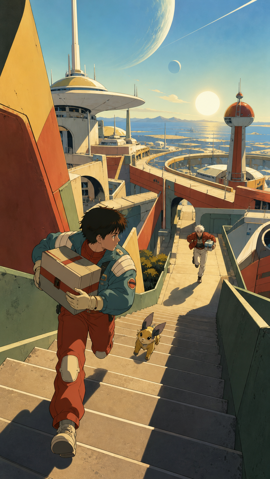 Two couriers competing to deliver the same mysterious package first, through a sequence of clearly readable obstacles and route choices. High-angle route view following movement through intersecting streets. Clay red, sa