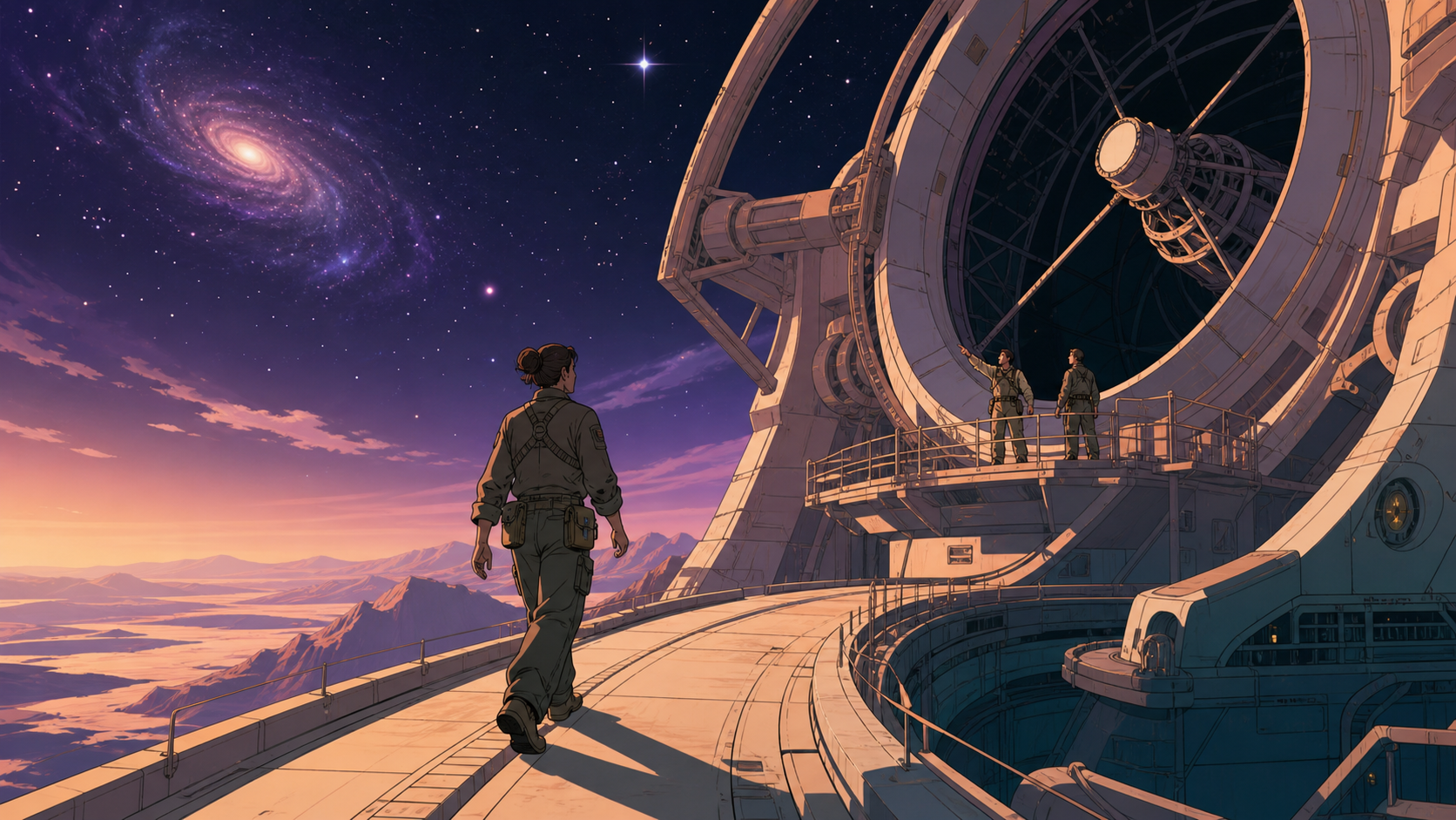 An adult engineer walking across the exterior of a city-sized telescope, with vast space balanced by practical human-scale machinery. Wide landing tableau with crew, vessel, and discovery in distinct layers. Apricot, orc