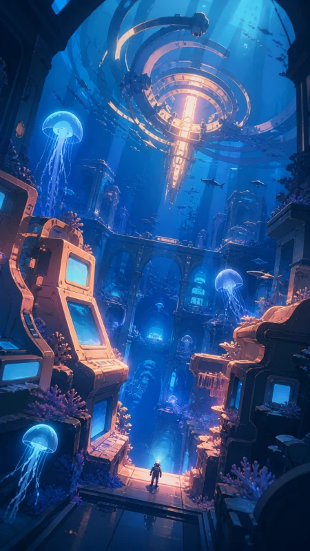 An abandoned underwater arcade slowly becoming a coral reef, seen in peaceful stillness after an ancient mechanism restarts. Vertical descent composition with a tiny explorer provi