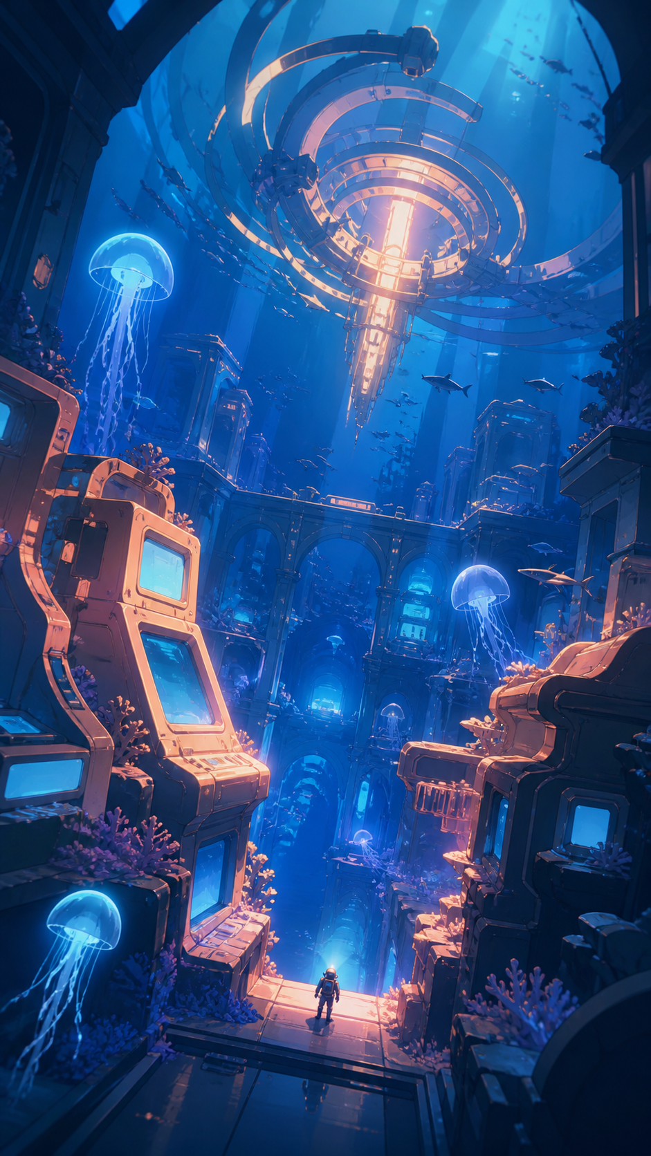 An abandoned underwater arcade slowly becoming a coral reef, seen in peaceful stillness after an ancient mechanism restarts. Vertical descent composition with a tiny explorer providing scale. Sun-bleached peach, desert o