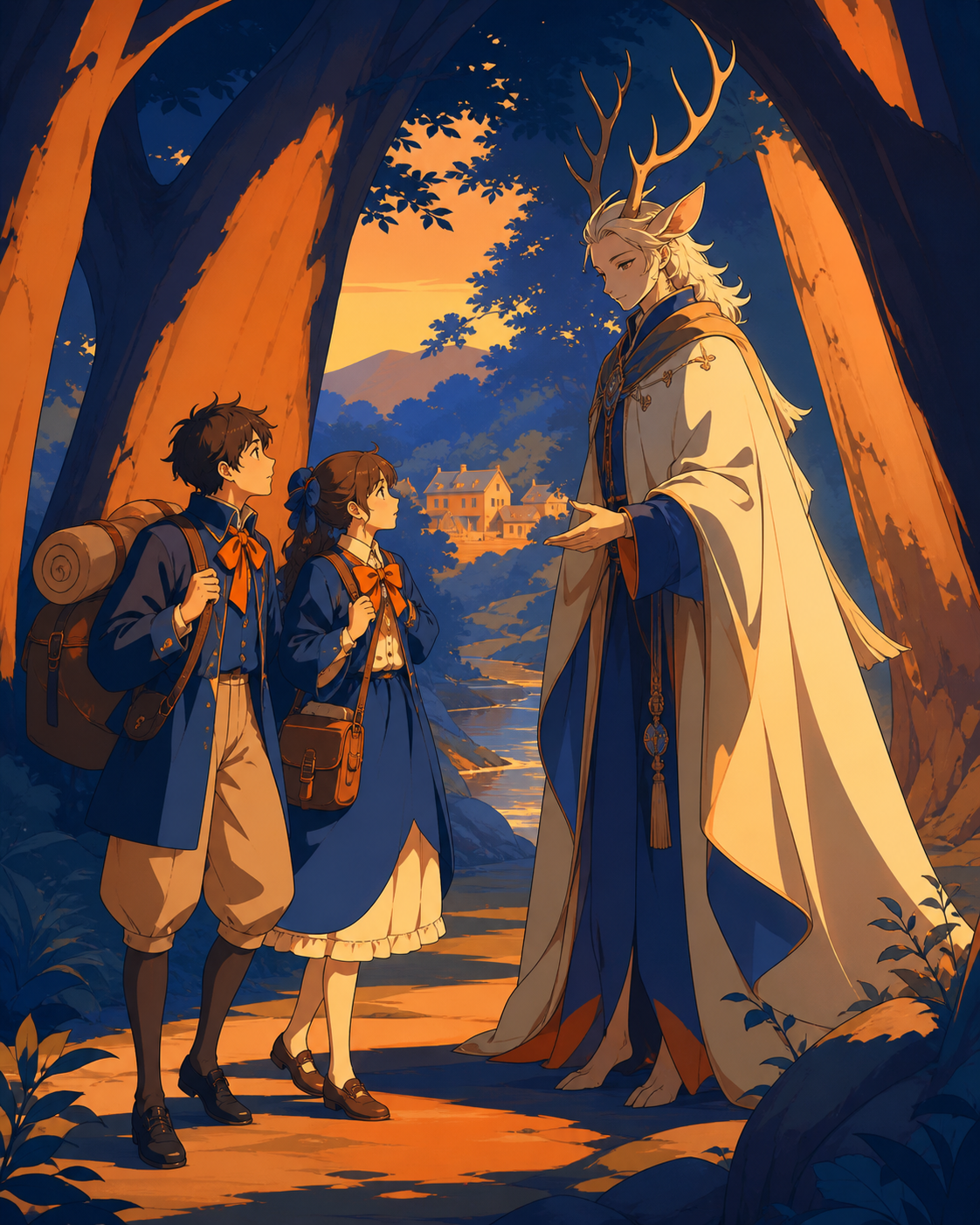 Teen hikers guided home by a polite antlered forest spirit, during a warm ordinary interaction rather than a dramatic quest. Cozy clearing scene enclosed by a few large natural shapes. Cobalt, persimmon orange, warm conc