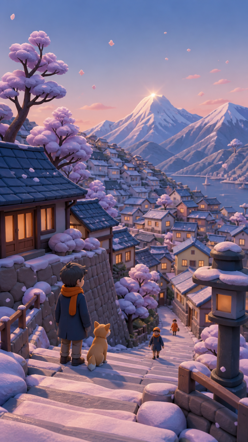 A hillside town waking beneath the first impossible pink snowfall, with sparse human activity grounding an otherwise expansive landscape. Vertical scenic composition following a path through several elevations. Pale lave