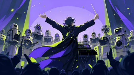 An electronic musician conducting a choir of obsolete household robots, captured at the emotional peak of the performance. Intimate low-angle concert view with dramatic foreground 