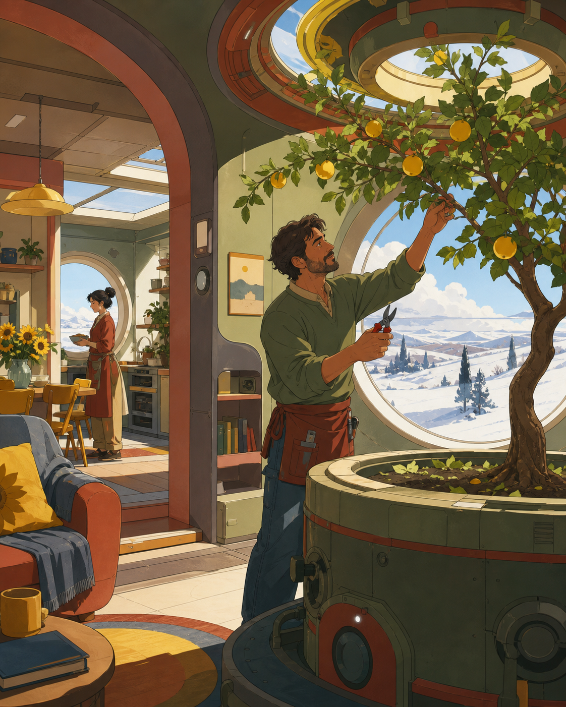 An adult gardener pruning the single fruit tree in a rotating habitat, while distant space remains a quiet backdrop rather than the main event. Observational domestic scene composed through connected compact rooms. Clay 