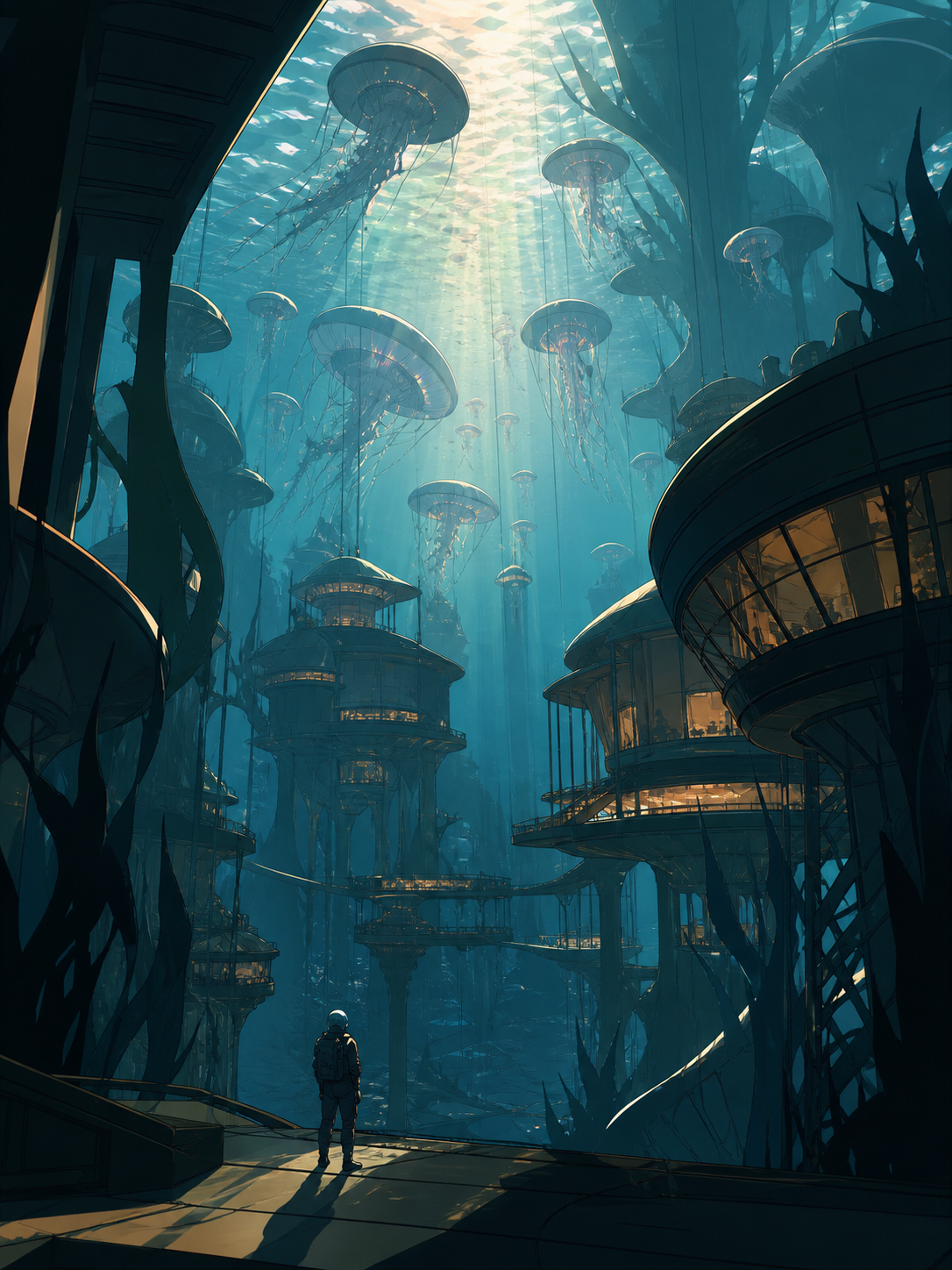 A research village suspended beneath a field of glowing jellyfish, during the brief hour when sunlight reaches the seafloor. Vertical descent composition with a tiny explorer providing scale. Monochrome graphite with sel