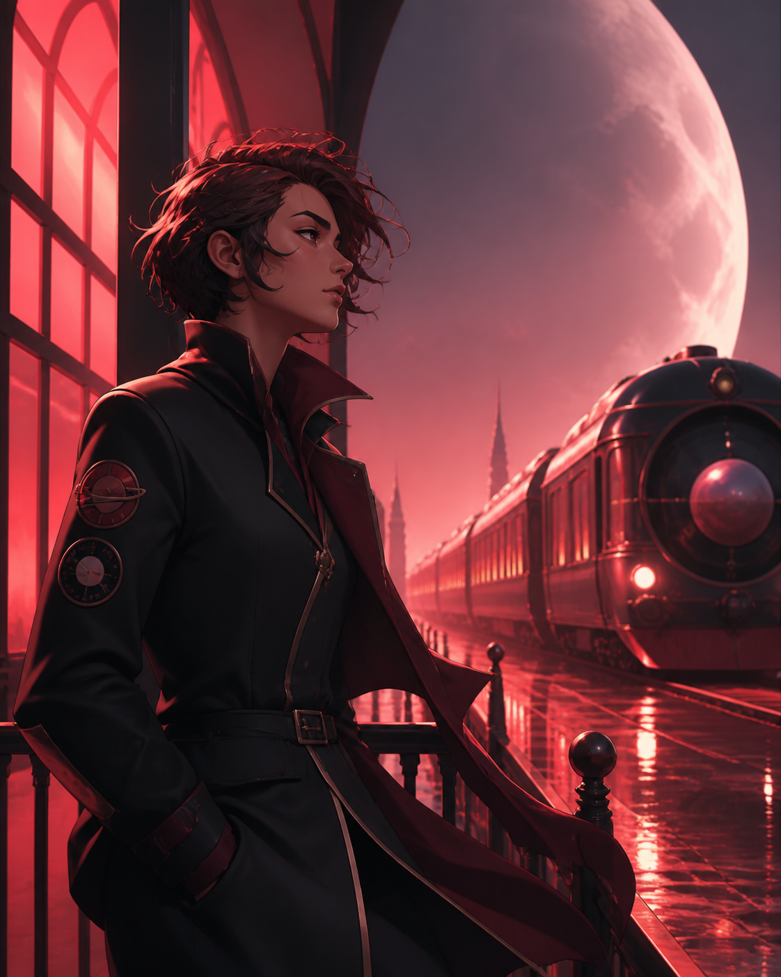 An adult nonbinary astronomer with a patched observatory uniform, pausing alone on a rain-swept platform while an impossible train arrives. Intimate three-quarter view with strong foreground and background layers. Crimso