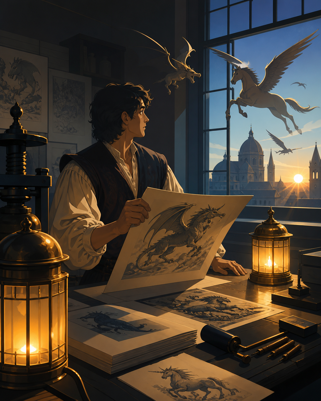 A Renaissance-era printmaker whose illustrated creatures leave the page at night, at dawn after a discovery quietly changes their understanding of the world. Painterly historical scene centered on work, place, and atmosp