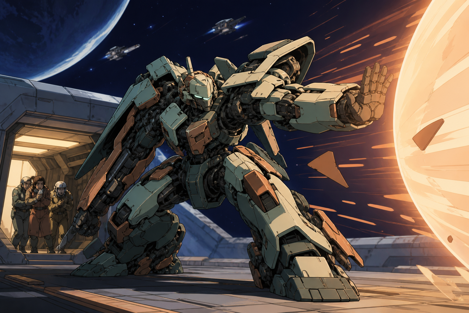 A deep-space maintenance suit unfolding into an asymmetrical combat machine, bracing against a shockwave while protecting civilians just outside frame. Wide cinematic action tableau frozen at the clearest dramatic instan