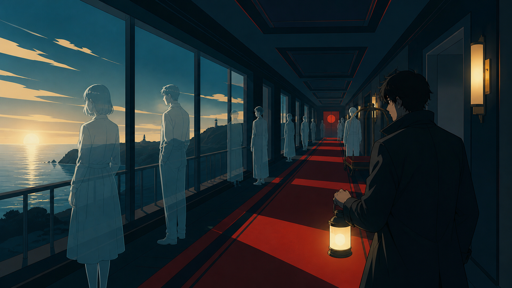 A seaside hotel where translucent guests patiently wait for sunrise, explored by one cautious adult carrying a weak practical light. Suspenseful deep-perspective composition with the threat implied rather than centered. 