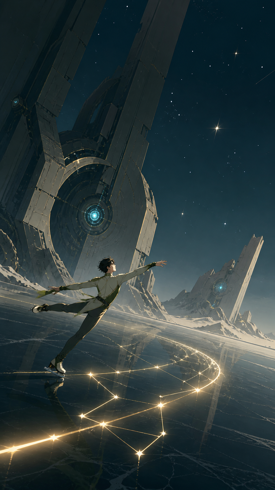 An adult figure skater tracing luminous constellations across black ice, frozen at the instant of greatest balance and momentum. Bold diagonal action composition with ample space ahead of the movement. Moss green, slate 