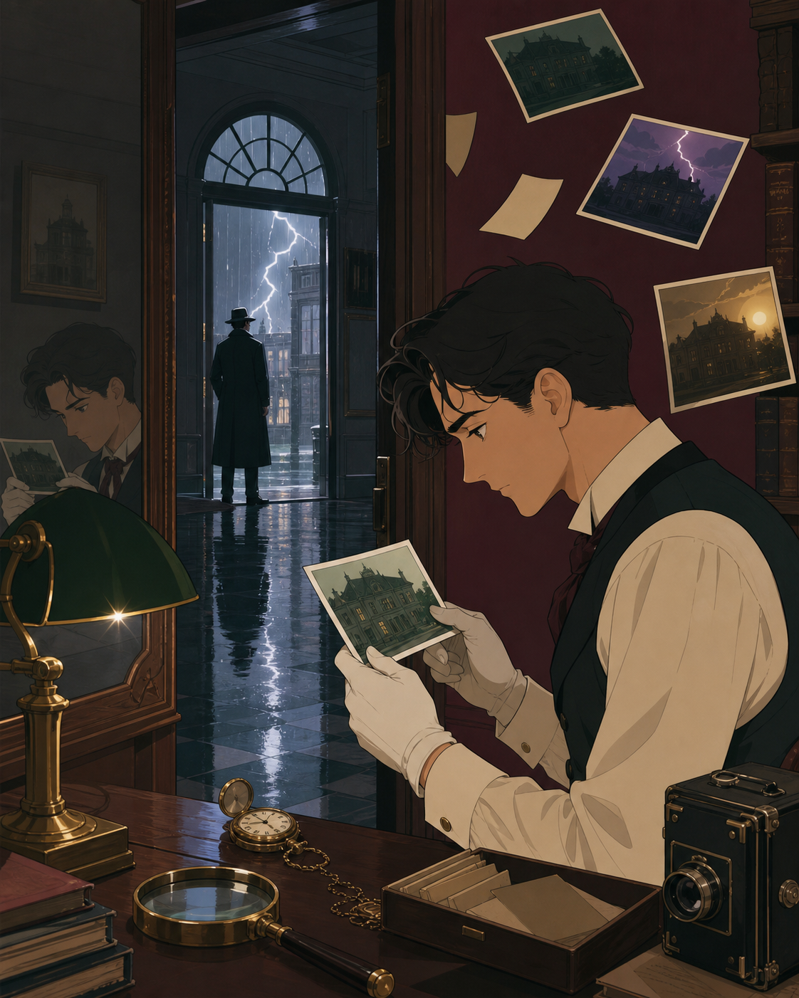 A private archivist examining a photograph that changes whenever lightning flashes, during a rain-heavy night with no obvious culprit in sight. Cinematic noir frame using doorways and reflected figures to layer the myste