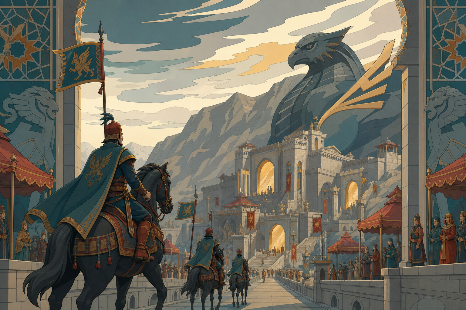 Royal couriers crossing a bridge into a mountain capital, during a magnificent public contest beneath a severe desert sky. Low heroic rider view framed by tiled gates and a vast creature. Petrol blue, oxide red, industri