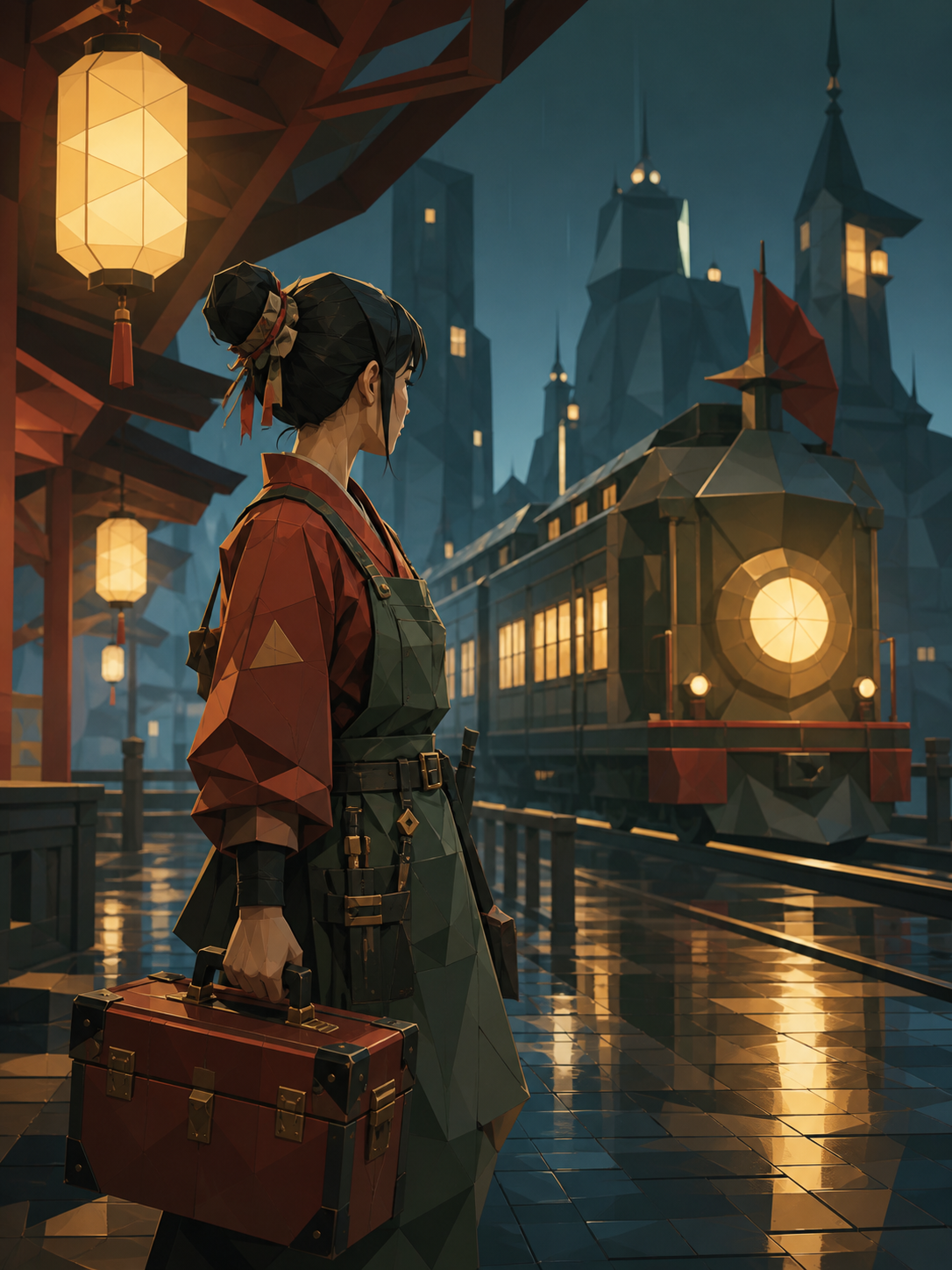 An adult woman shrine mechanic carrying a lacquered tool case, pausing alone on a rain-swept platform while an impossible train arrives. Intimate three-quarter view with strong foreground and background layers. Clay red,