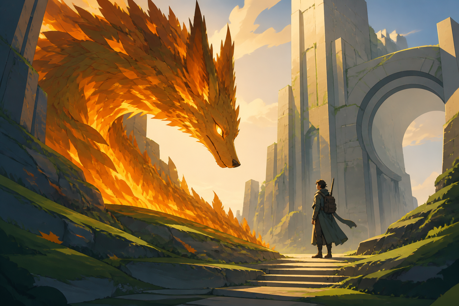 A fox-dragon made from autumn leaves and ember-like light, meeting a lone traveler without hostility for the first time. Low-angle encounter framed by terrain and atmospheric depth. Moss green, slate gray, mushroom cream
