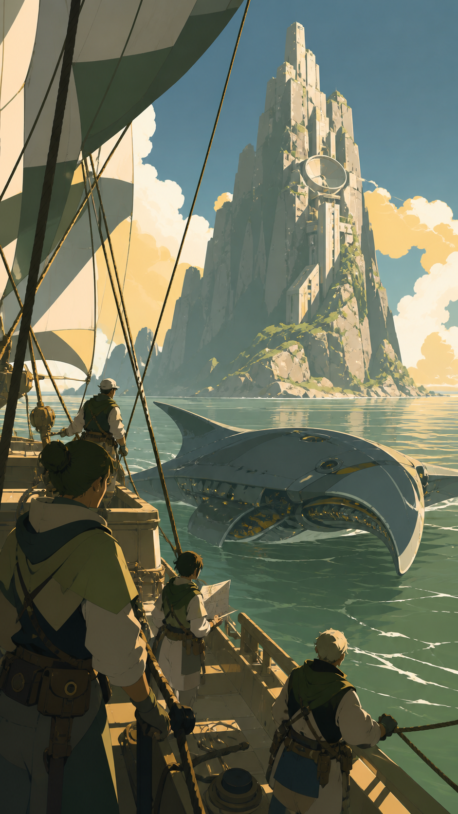 A small research crew sailing beside a vast mechanical manta ray, at the approach to a destination none of the crew has seen before. Deck-level frame looking past the crew toward an approaching landmark. Moss green, slat