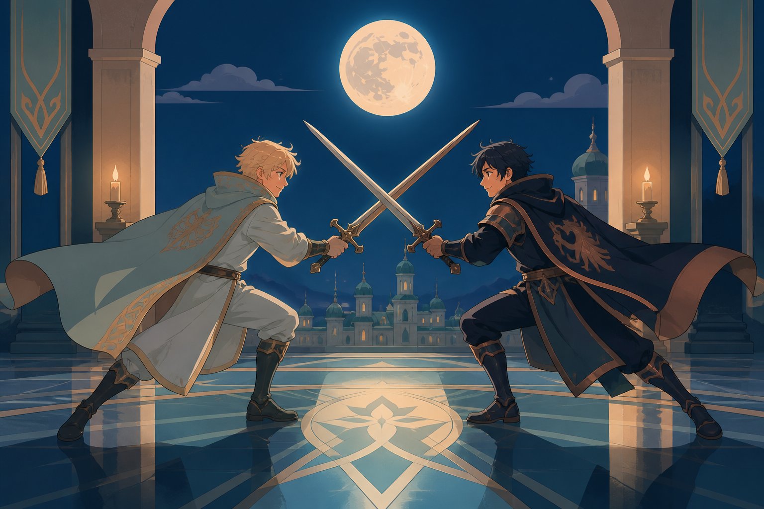 An exiled prince and palace captain crossing blades without hatred, in the instant both combatants realize the conflict has another solution. High-angle geometric composition built around crossing movement paths. Moonlit
