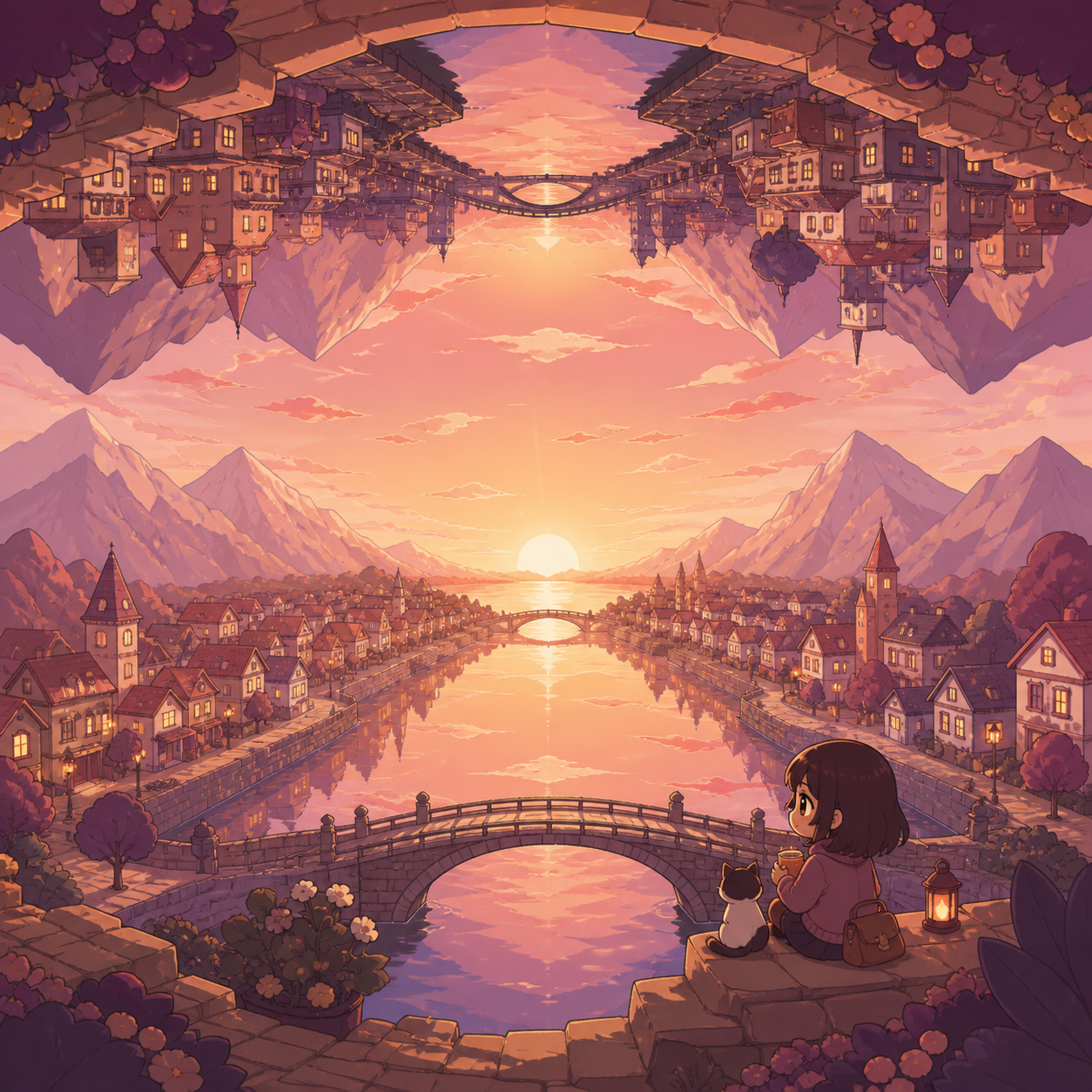 A river flowing between mirrored mountain valleys above and below, at sunrise illuminating both worlds from a shared horizon. Symmetrical wide frame with opposing worlds above and below. Muted rose, parchment, muted plum