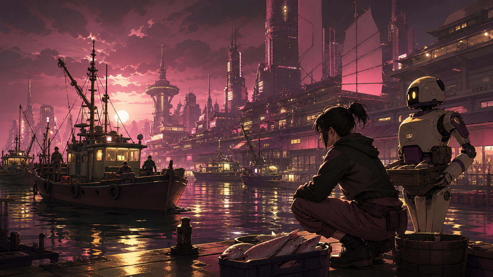 A neon harbor where fishing boats coexist with gentle service robots, on a humid night after rain, full of reflections and everyday life. Grand city panorama balanced by one intimate foreground detail. Muted rose, parchm