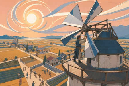 An adult miller adjusting a windmill that controls the direction of local breezes, when one small natural irregularity becomes a village event. Elevated view organizing fields and 