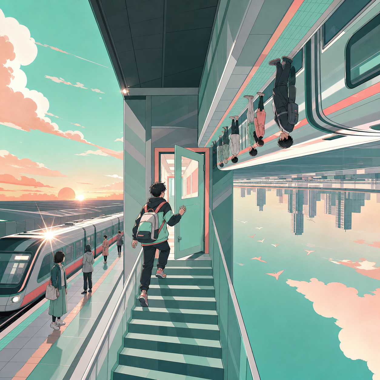 Commuters waiting on platforms arranged across opposing gravity fields, as one character discovers a shortcut between two orientations. Character-height view where the horizon changes across the frame. Sea-glass green, f