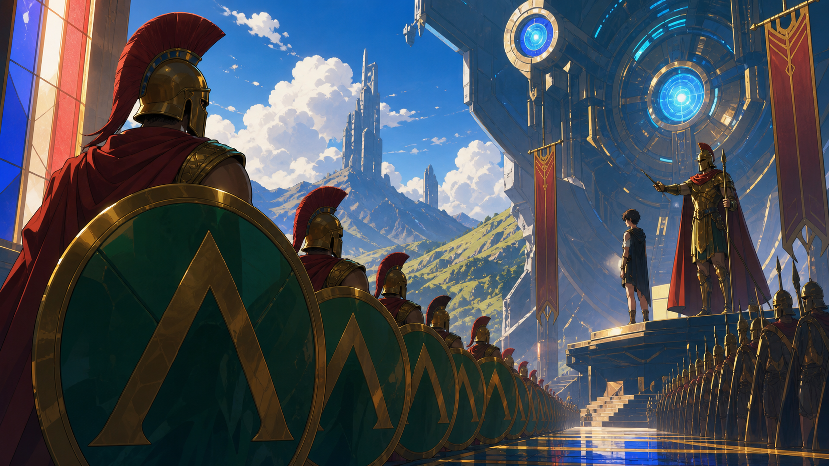 A warrior captain choosing a champion before a citywide athletic contest, during a hard test of discipline, courage, and collective trust. Low formation view with overlapping shields driving toward the horizon. Emerald, 