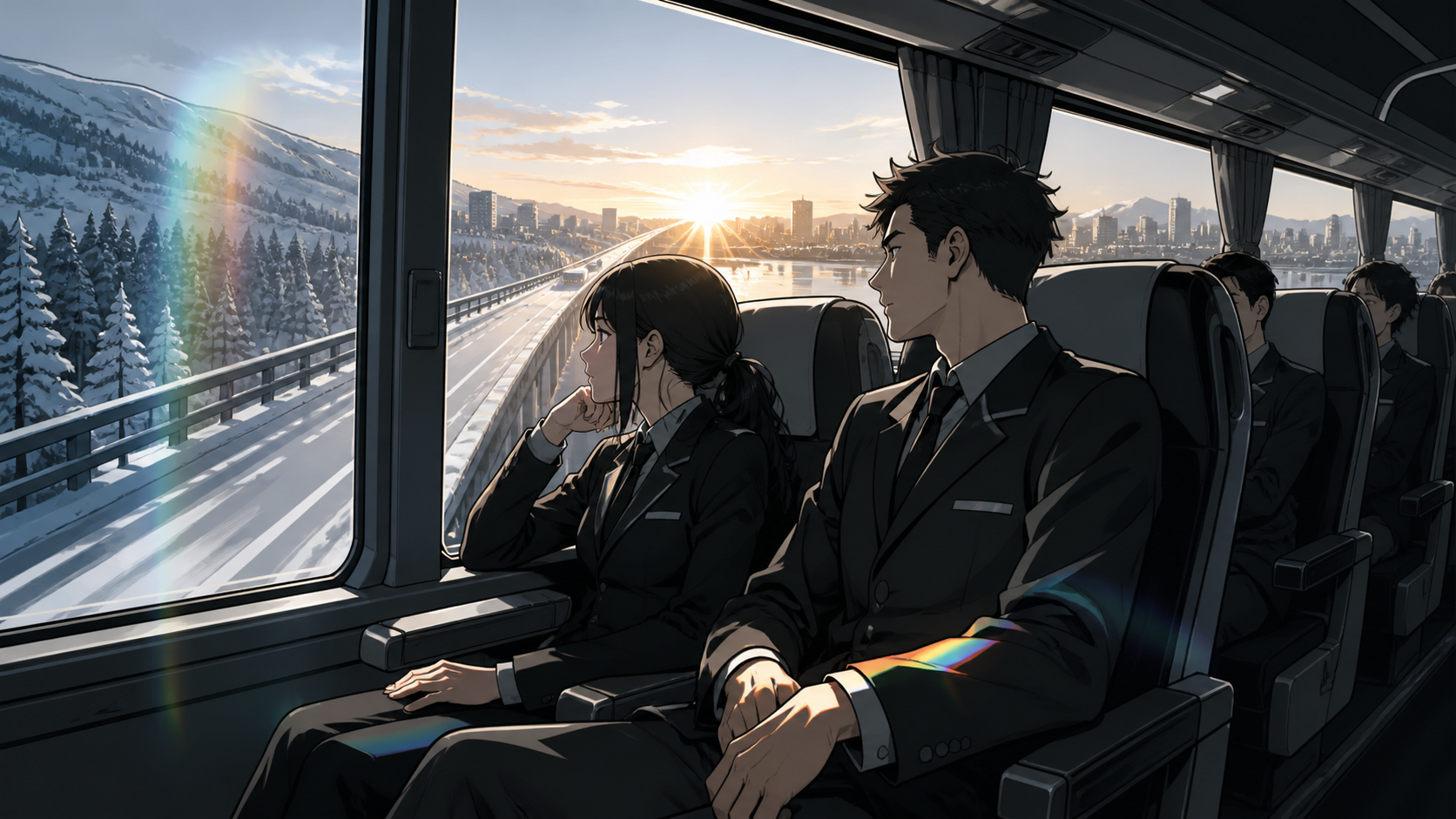 An overnight bus crossing a bridge that briefly passes through another season, shown as intimate public life rather than a vehicle showcase. Window-side two-person composition with the journey visible beyond. Monochrome 