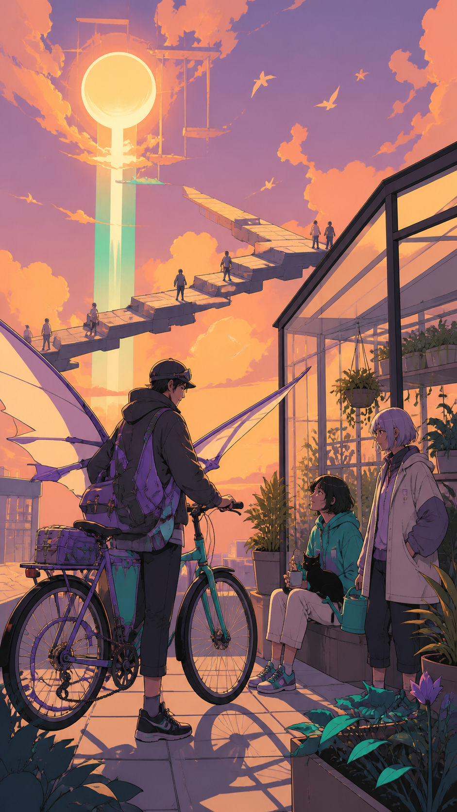 A courier landing a winged bicycle beside a rooftop greenhouse, during sunset as rooftops briefly connect into hidden pathways. Low intimate view with the supernatural element rising behind the group. Apricot, orchid pur