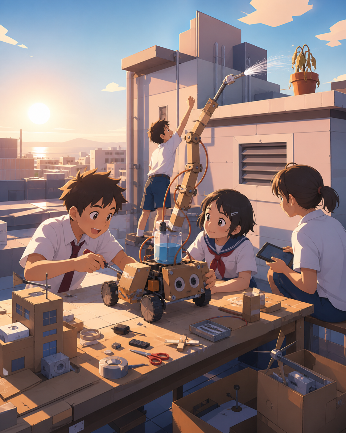Schoolchildren building a robot that waters one stubborn rooftop plant, on the final afternoon before a school exhibition. Workbench-wide scene showing builders, invention, and result. Sun-bleached peach, desert ochre, c