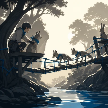 Young foxes learning to cross a suspended forest bridge, as humans and animals solve a practical problem together. Wide habitat view anchored by one clear animal action. Soft monoc