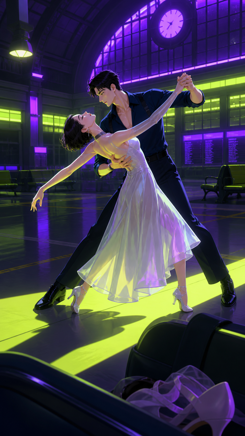 Two adult ballroom dancers practicing in an empty railway terminal, seen from an unusual seat close enough to feel intimate. Close audience-level frame with one dancer crossing a strong pool of light. Acid lime, ultravio