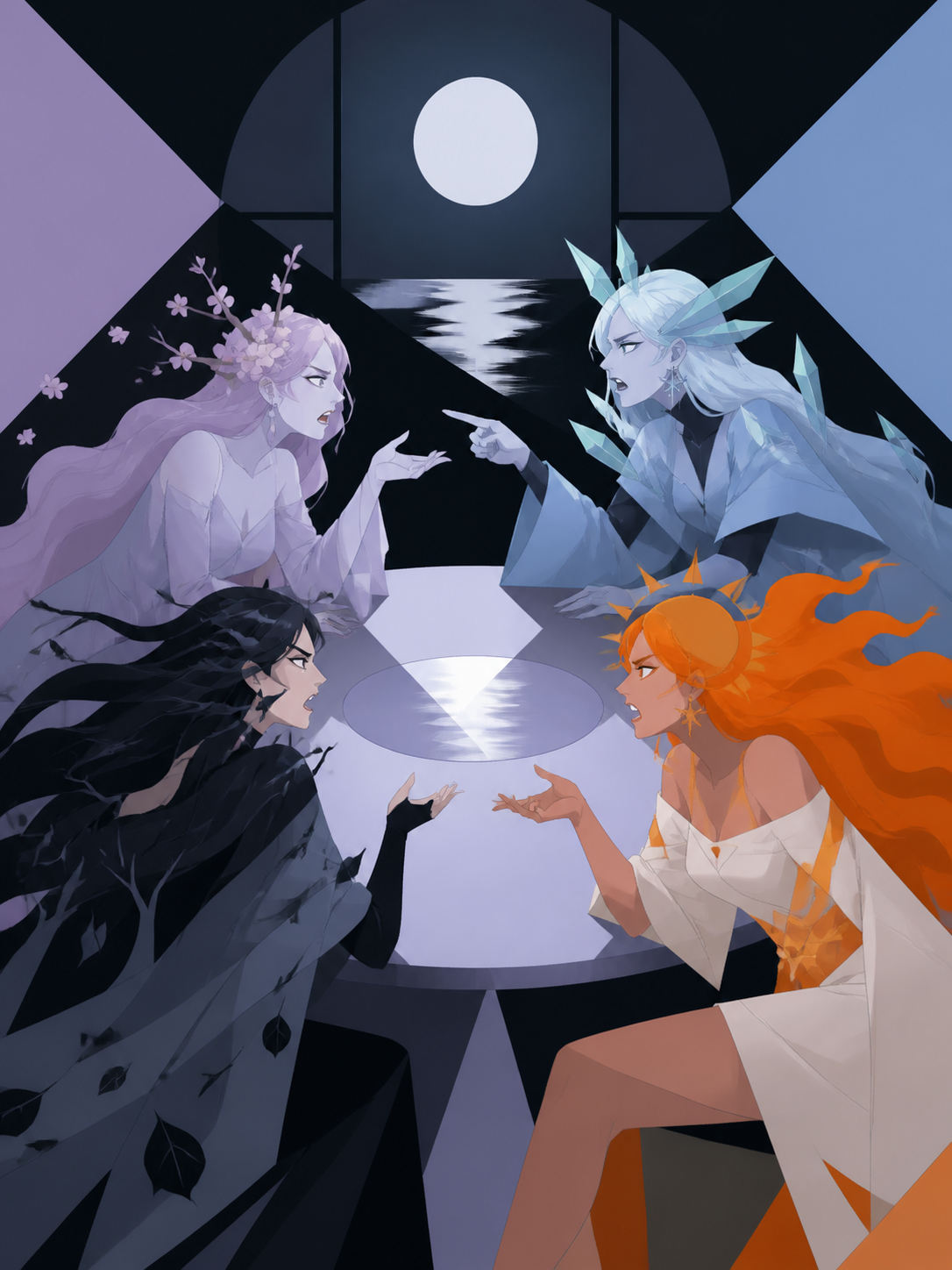 The four seasons arguing around a kitchen table through symbolic forms, balanced between abstraction and a clearly readable emotional idea. Bold gallery-poster composition with no typography. Pale lavender, icy blue, gra