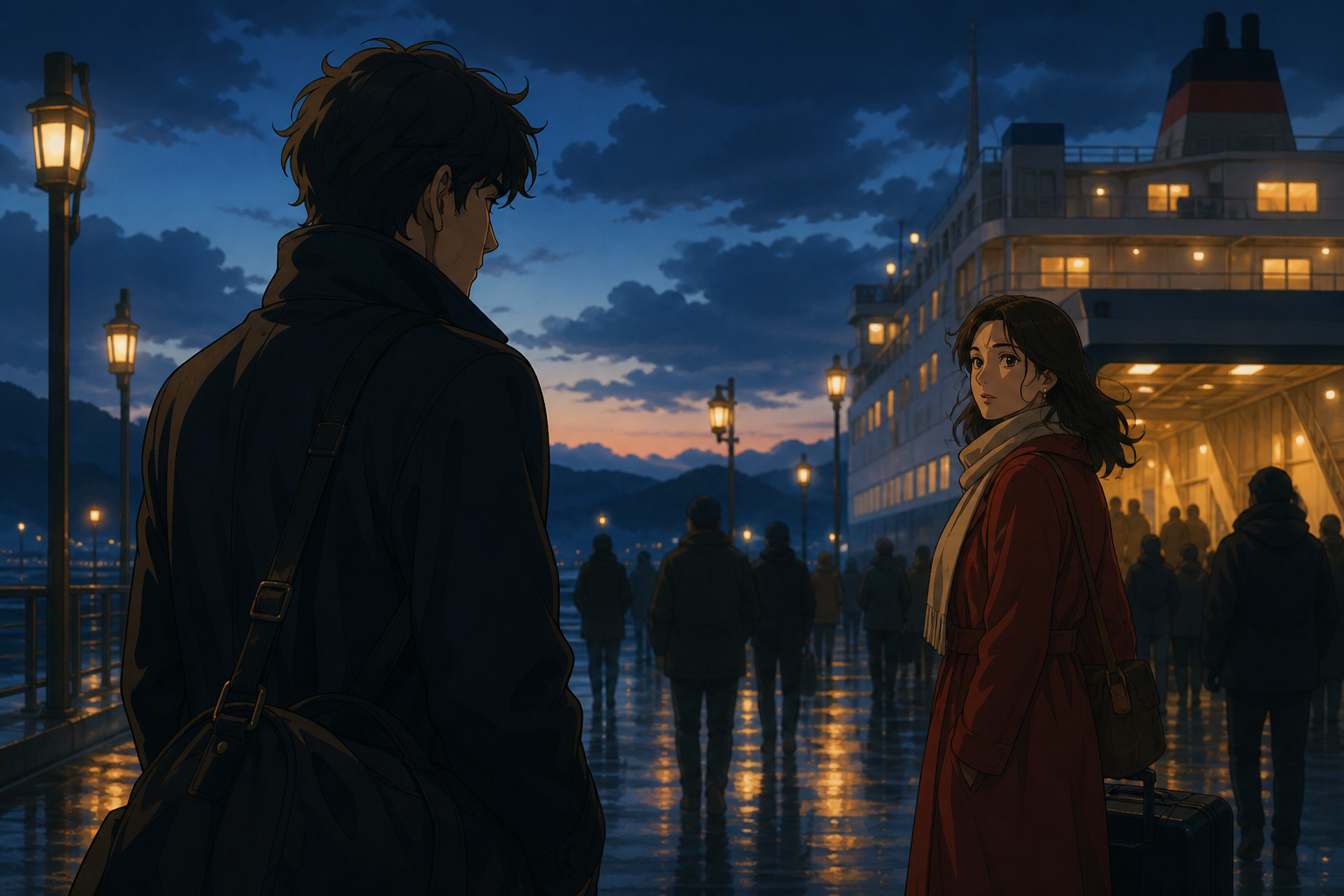 Two adult travelers recognizing one another across a crowded ferry terminal, during a bittersweet transition with the environment carrying the emotion. Cinematic two-person frame using architecture and negative space to 