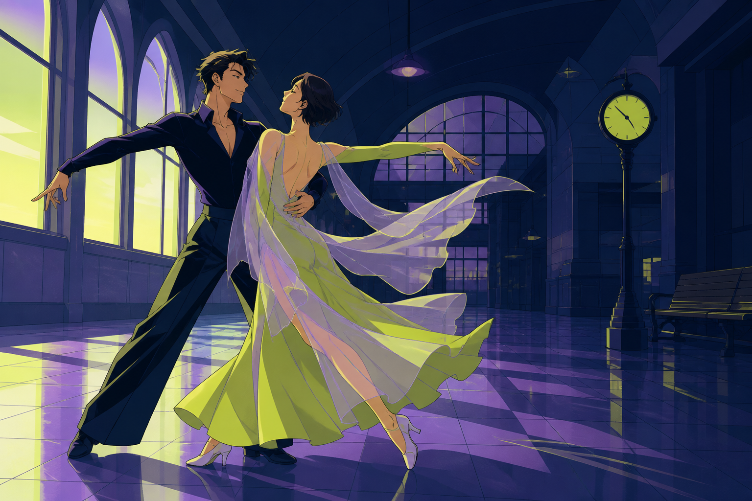 Two adult ballroom dancers practicing in an empty railway terminal, captured at a precise expressive beat rather than the loudest moment. Stage-wide composition using negative space to emphasize movement. Acid lime, ultr