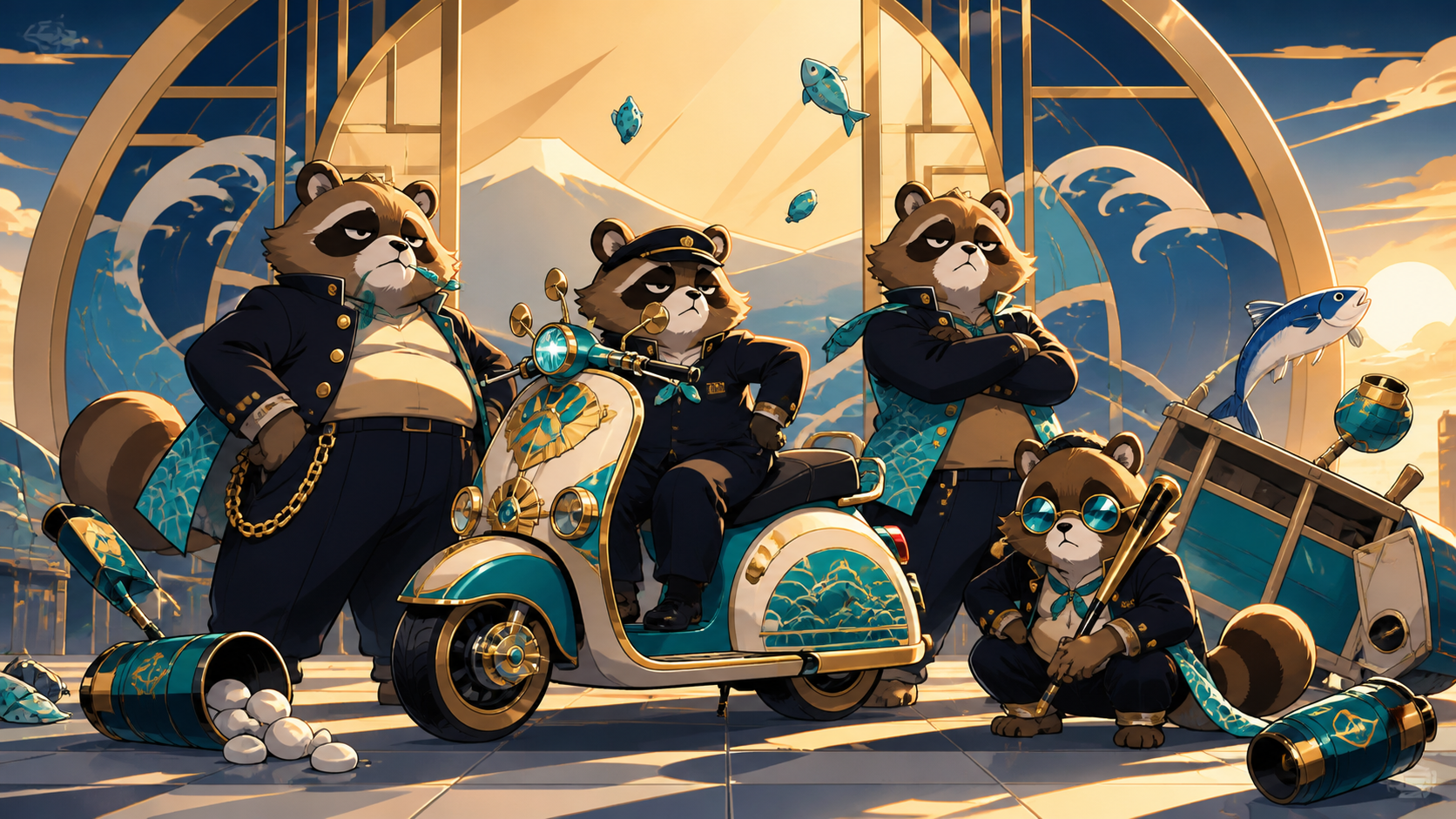 Four delinquent tanuki posing beside a comically customized scooter, in the middle of an escalating but harmless disaster. Ensemble comedy tableau with several connected visual jokes. Ultramarine, bioluminescent turquois