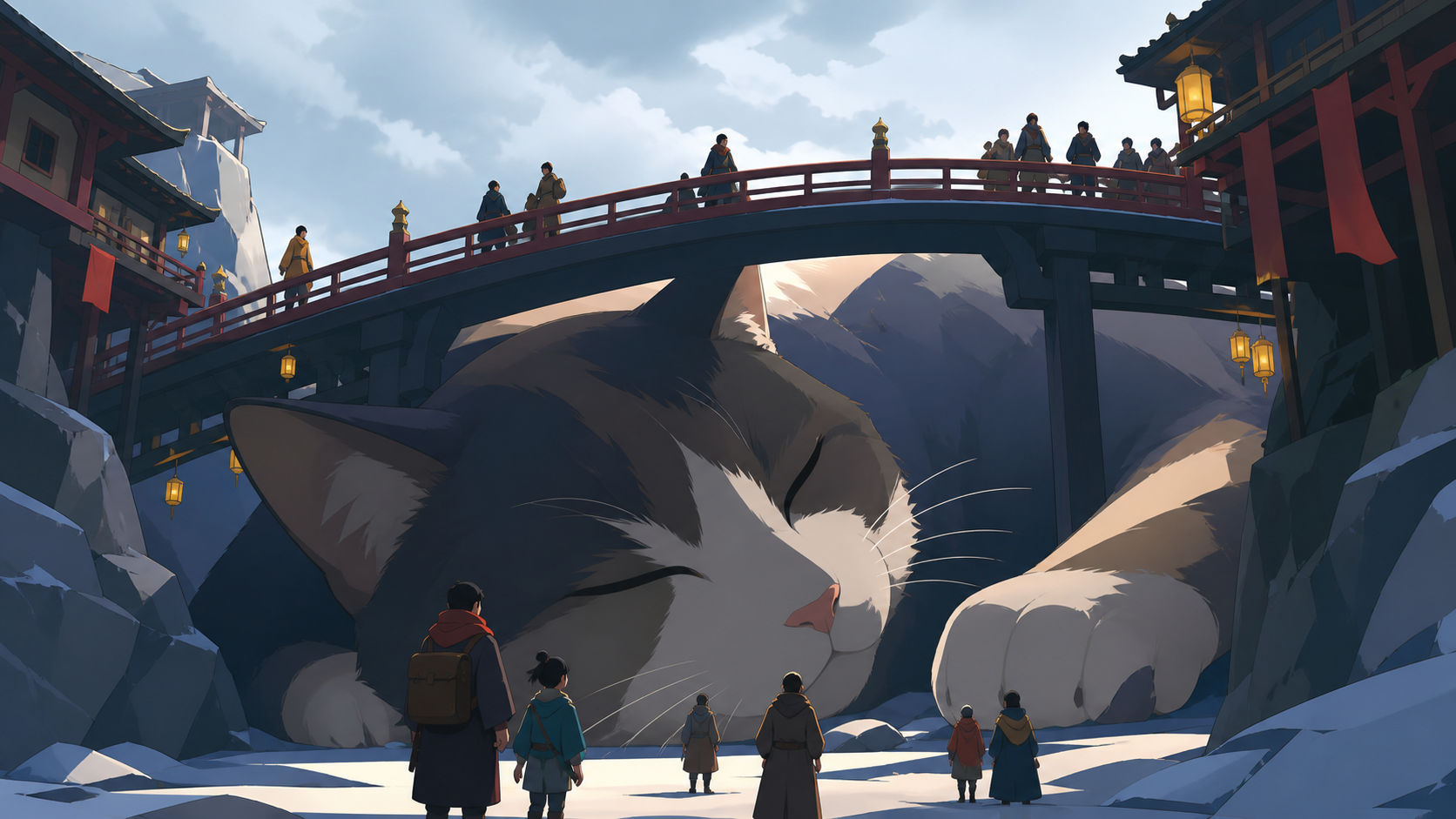 Commuters crossing a bridge over an enormous sleeping house cat, as newcomers encounter the landmark for the first time. Low viewpoint making the familiar object feel monumental. Pine black, snow blue, cedar red, and lan