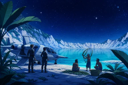 Two survey pilots landing beside a turquoise crater lake, as local guides demonstrate a familiar seasonal practice. River-level view framed by a few large plants. Ultramarine, biol