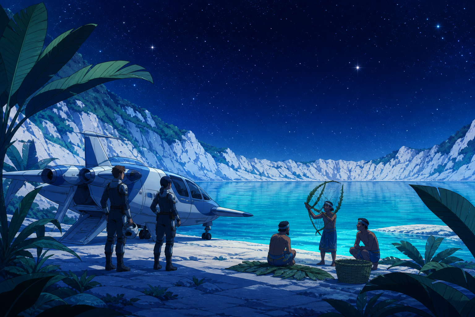 Two survey pilots landing beside a turquoise crater lake, as local guides demonstrate a familiar seasonal practice. River-level view framed by a few large plants. Ultramarine, bioluminescent turquoise, pearl, and midnigh