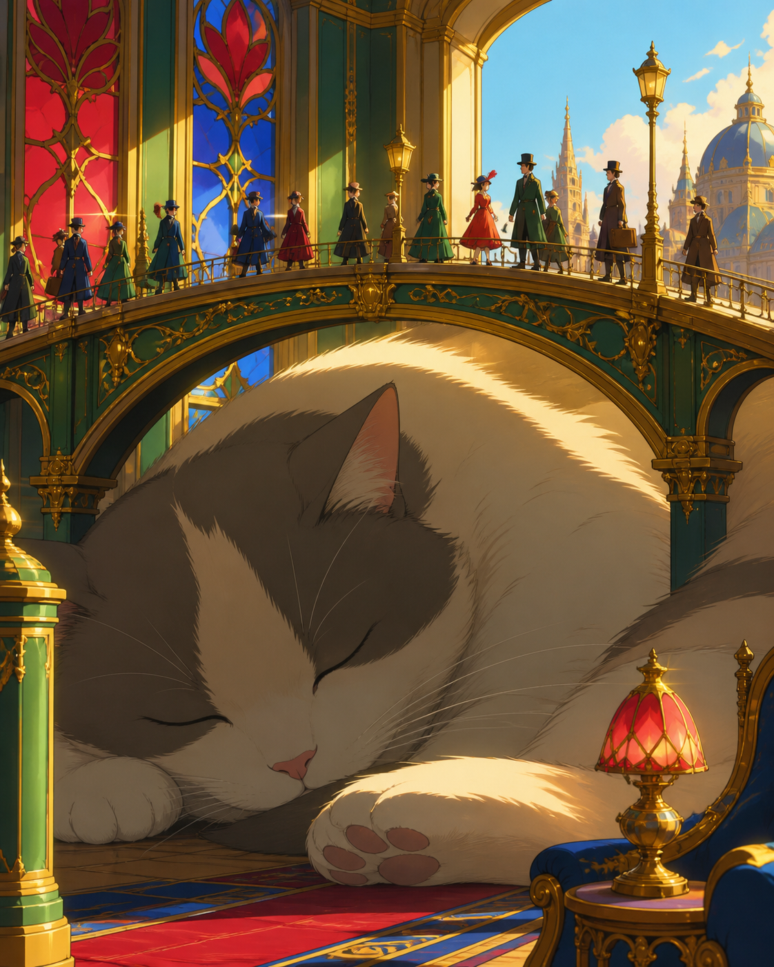 Commuters crossing a bridge over an enormous sleeping house cat, in clear daylight so scale relationships remain immediately readable. Epic wide frame contrasting tiny civilization with one giant object. Emerald, stained