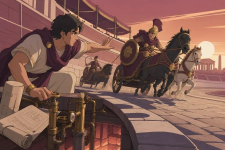 A bathhouse architect testing an ingenious heating system, when an engineering crisis demands immediate cooperation. Dynamic arena curve emphasizing speed and competing chariots. M
