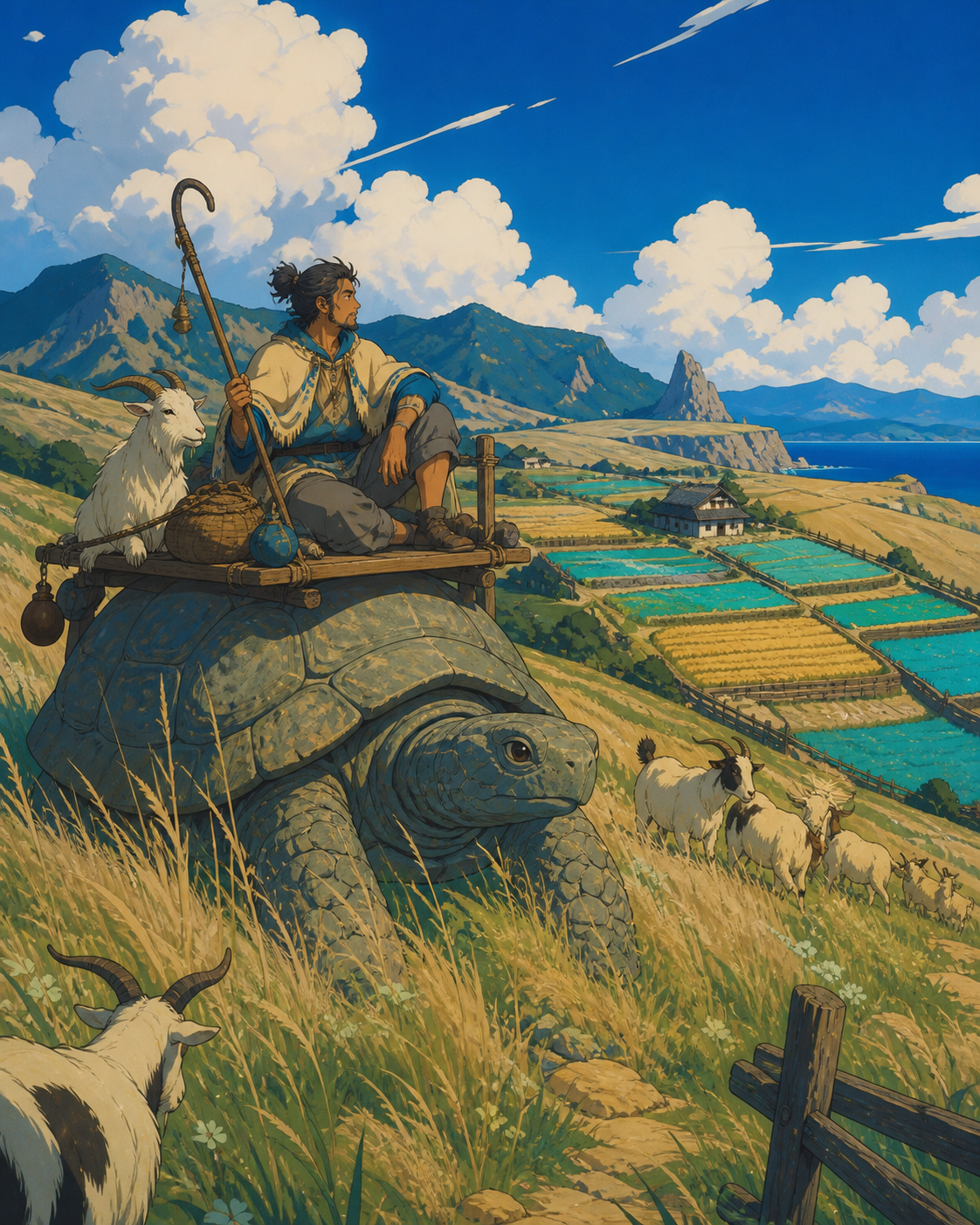 A goat herder crossing high grasslands on the back of a patient stone turtle, at the start of a long day in a sparsely populated landscape. Wide pastoral scene with work activity guiding the eye across the land. Ultramar