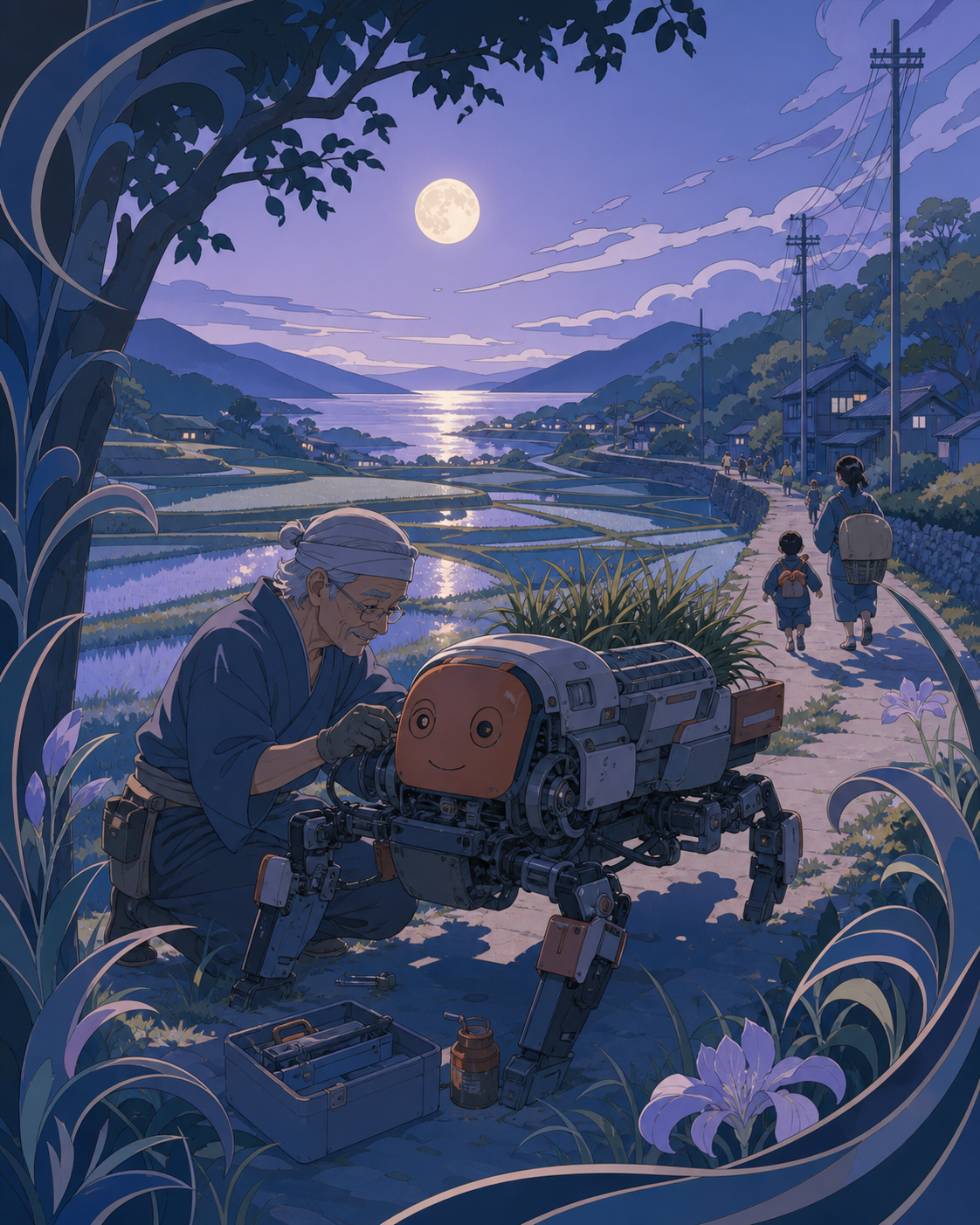 An elderly mechanic repairing a friendly walking farm machine, during a breezy afternoon filled with ordinary countryside activity. Low viewpoint beside a field with characters moving toward the horizon. Pale lavender, i