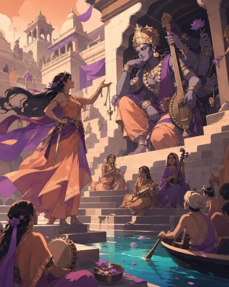 A warrior princess bargaining with a many-armed guardian at a stepwell, when the divine realm enters ordinary human life without warning. Grand stepped composition descending from 
