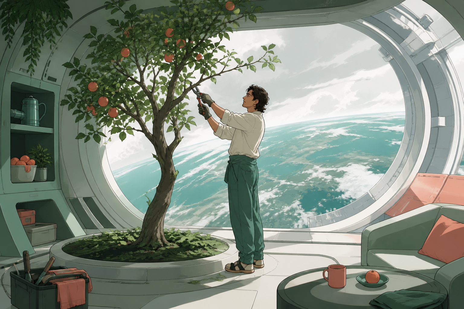An adult gardener pruning the single fruit tree in a rotating habitat, at the peaceful end of a long work shift. Cozy interior-wide frame with space visible through one large opening. Sea-glass green, faded coral, storm 