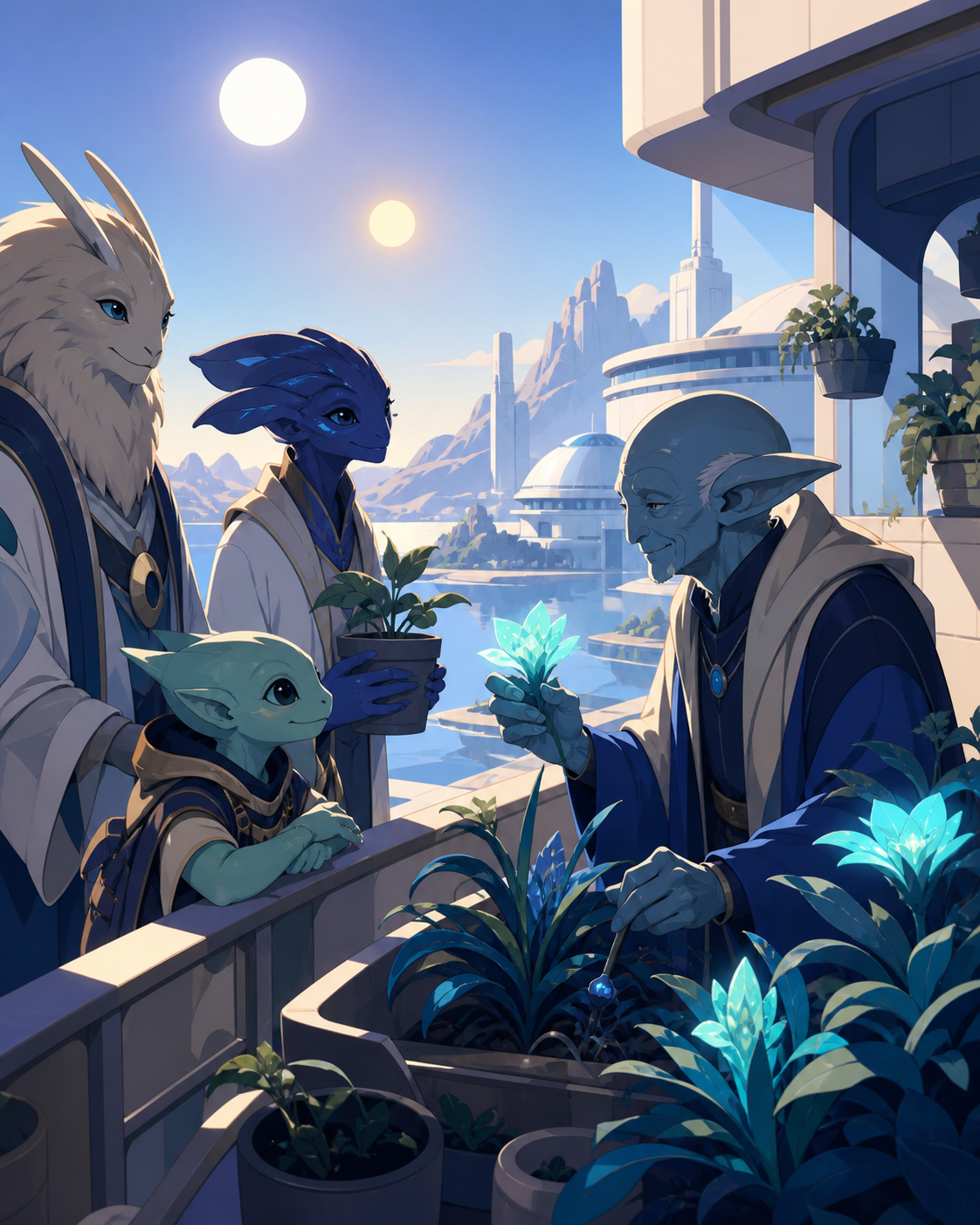 An elderly alien tending a balcony garden beneath two suns, during a warm community interaction across several species. Intimate two-group exchange with the unusual environment visible beyond. Ultramarine, bioluminescent