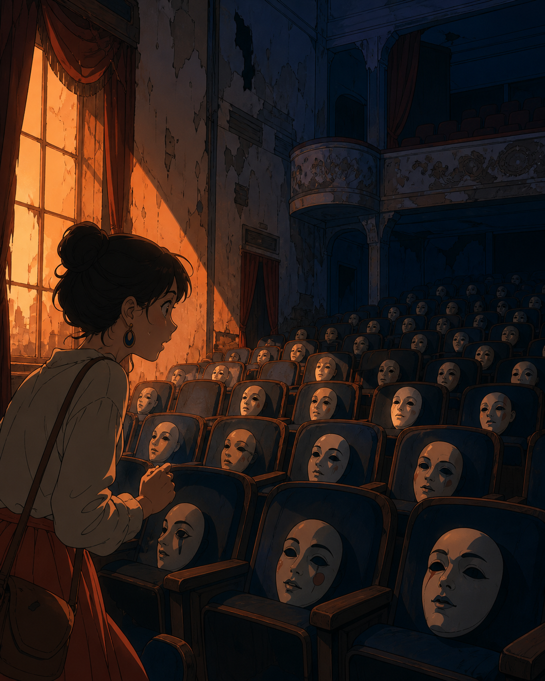 An abandoned theater where every empty seat holds a different porcelain mask, shown at the uneasy instant when something impossible becomes noticeable. Suspenseful deep-perspective composition with the threat implied rat