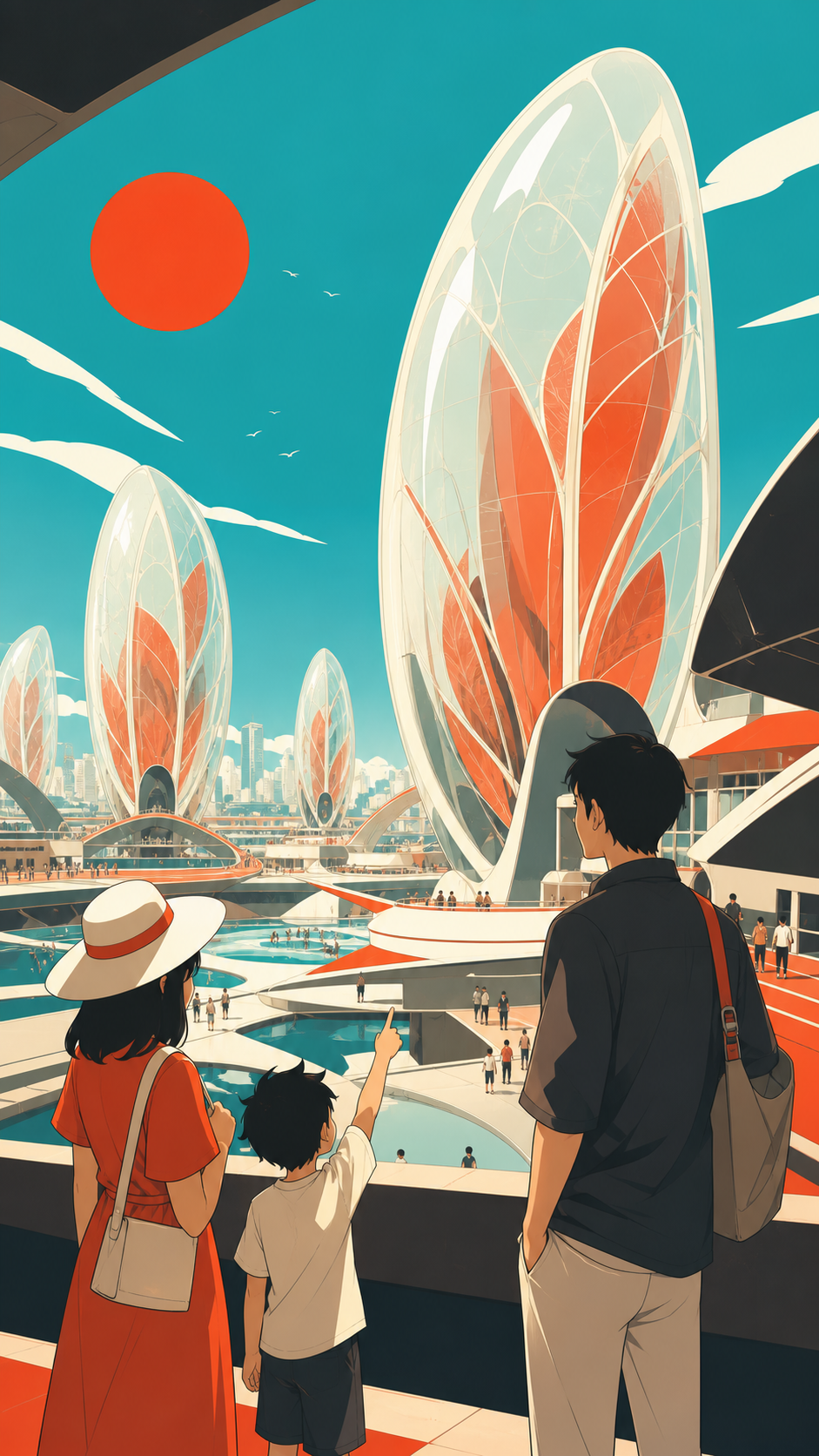 A city grown around enormous translucent seed-shaped towers, during a public tour that inspires curiosity rather than fear. Wide city panorama balanced by one family interaction in the foreground. Vermillion, charcoal, w
