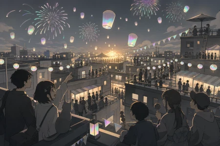 A rooftop fireworks celebration spanning dozens of connected buildings, during the final hour when decorations begin drifting into the sky. Immersive crowd-level panorama with clea