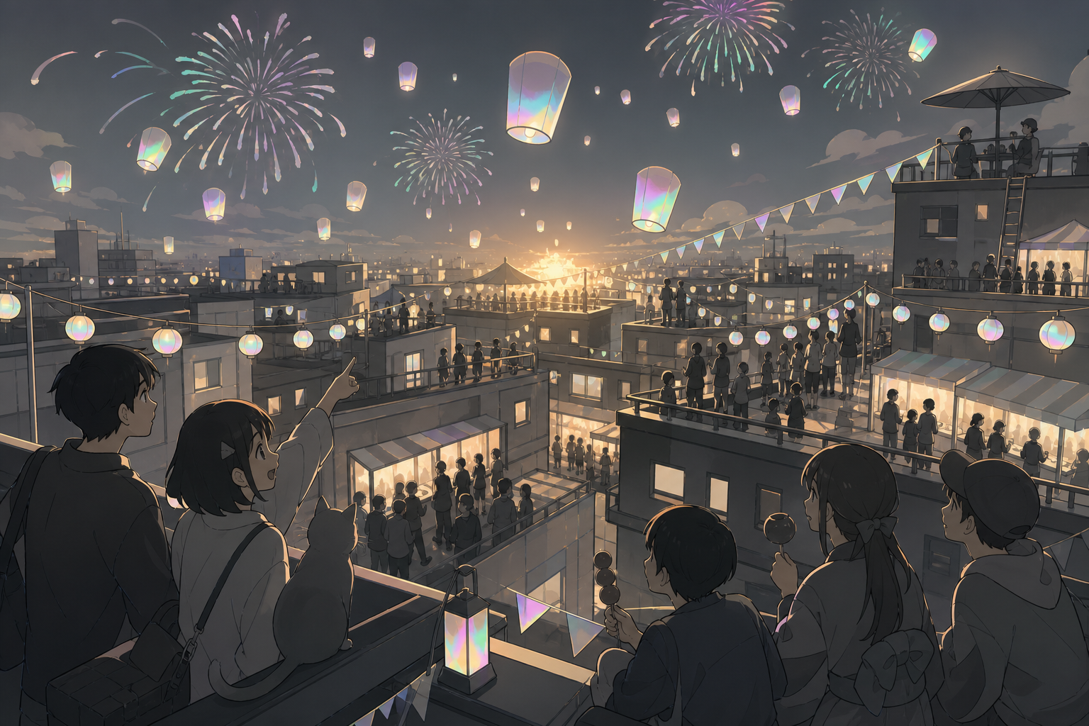 A rooftop fireworks celebration spanning dozens of connected buildings, during the final hour when decorations begin drifting into the sky. Immersive crowd-level panorama with clear focal lighting. Monochrome graphite wi