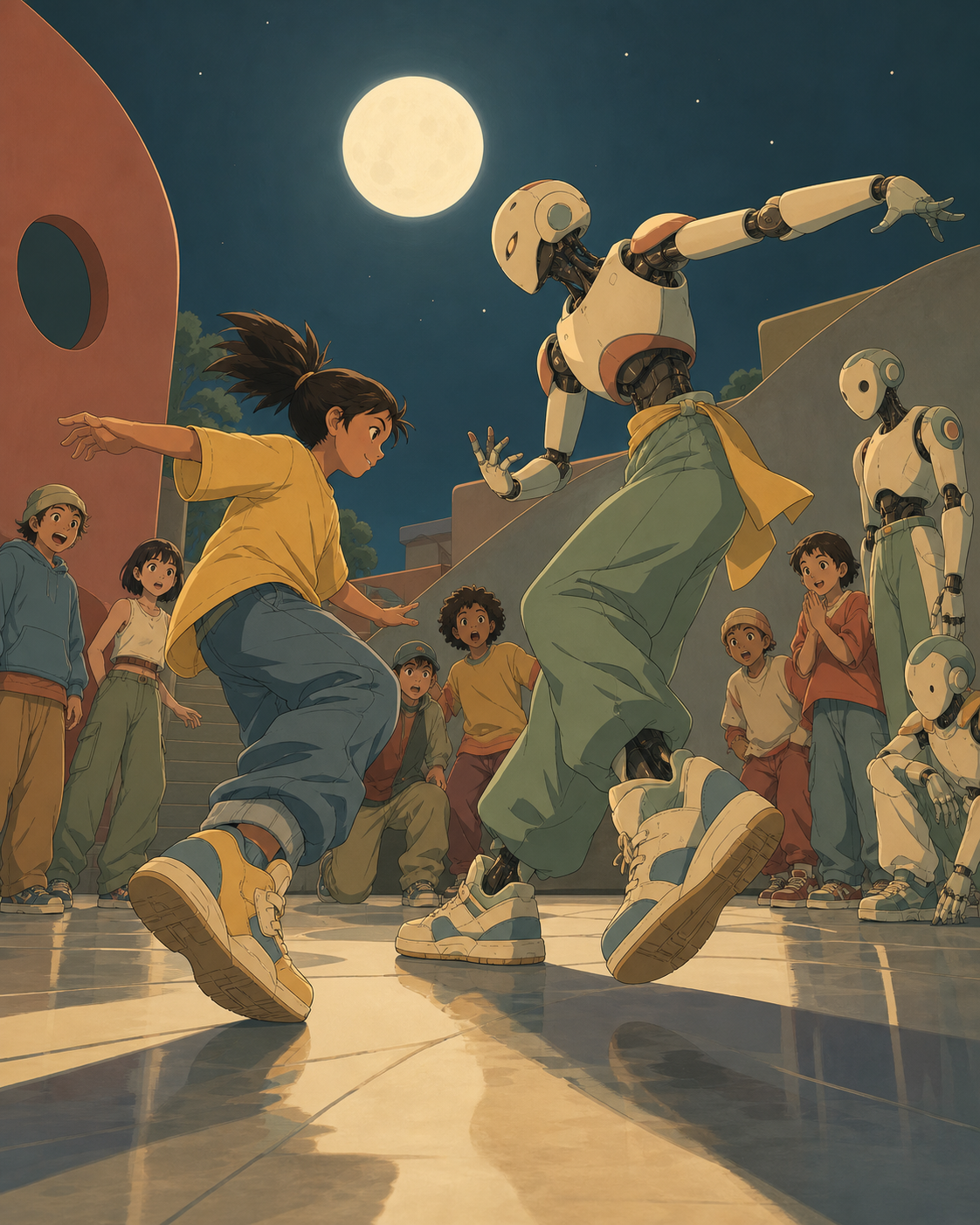 Android performers learning improvisation from neighborhood children, as the surrounding circle reacts to an unexpected move. Low side angle focused on footwork and opposing movement lines. Clay red, sage, faded denim, a